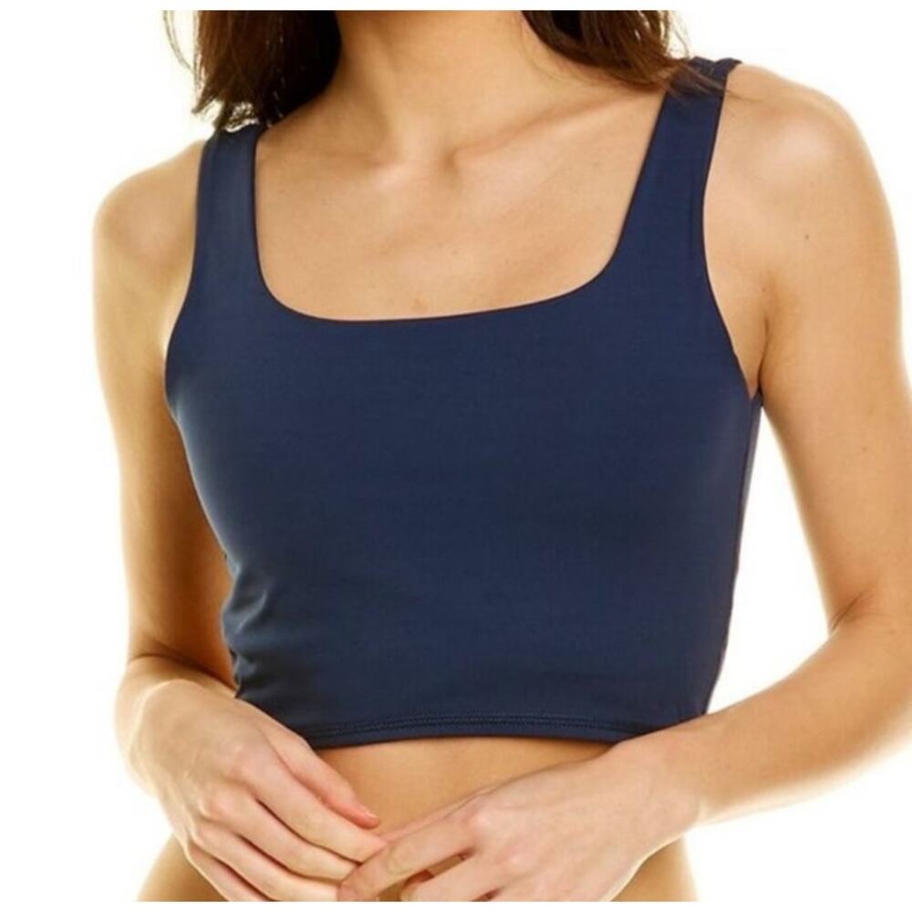 WE WORE WHAT STRAIGHT NECK CROP TOP, SIZE S, DRESS BLUE, NWT